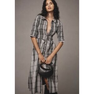 Anthropologie Maeve Short-Sleeve Smocked MIDI  Shirt Dress Black Plaid Size L